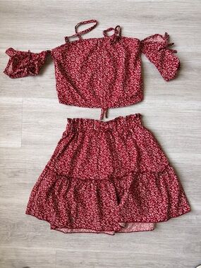 Red Floral Two-Piece Crop Top Set